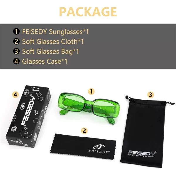 FEISEDY Retro Thick Rectangle Sunglasses Retro 90s Small Chunky Square Women Men B2307Green