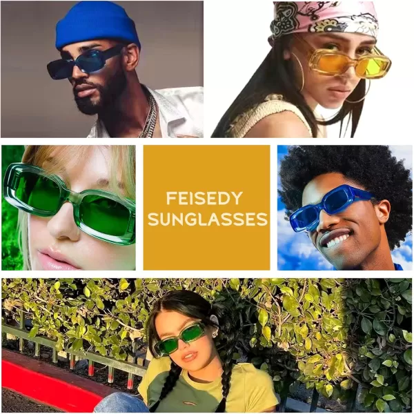 FEISEDY Retro Thick Rectangle Sunglasses Retro 90s Small Chunky Square Women Men B2307Green
