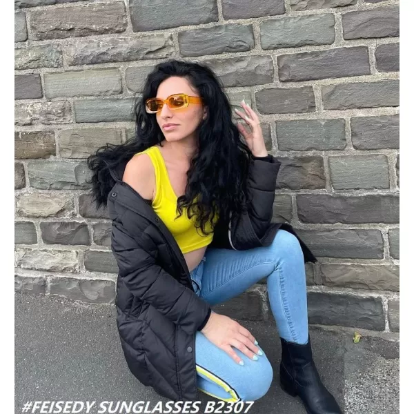 FEISEDY Retro Thick Rectangle Sunglasses Retro 90s Small Chunky Square Women Men B2307Orange