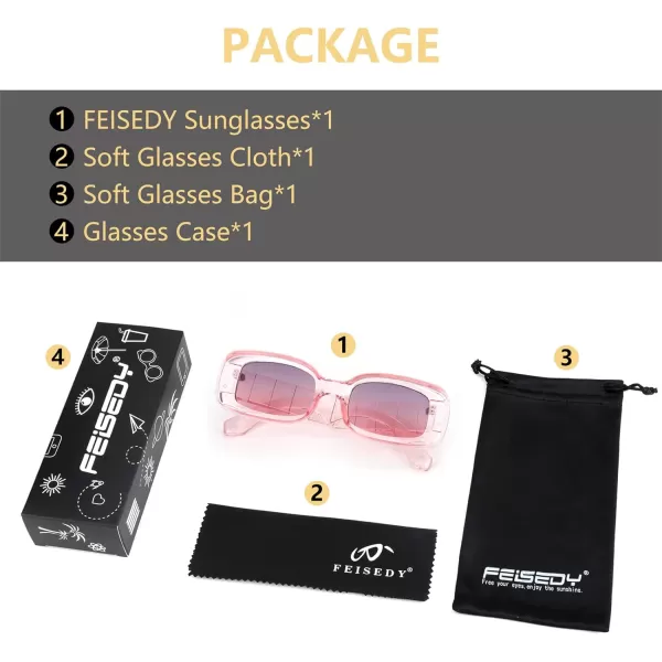FEISEDY Retro Thick Rectangle Sunglasses Retro 90s Small Chunky Square Women Men B2307Pink