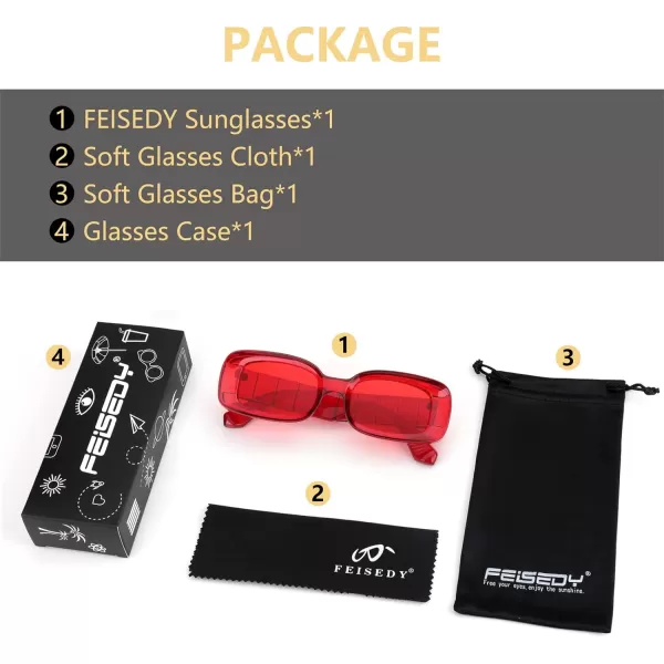 FEISEDY Retro Thick Rectangle Sunglasses Retro 90s Small Chunky Square Women Men B2307Red