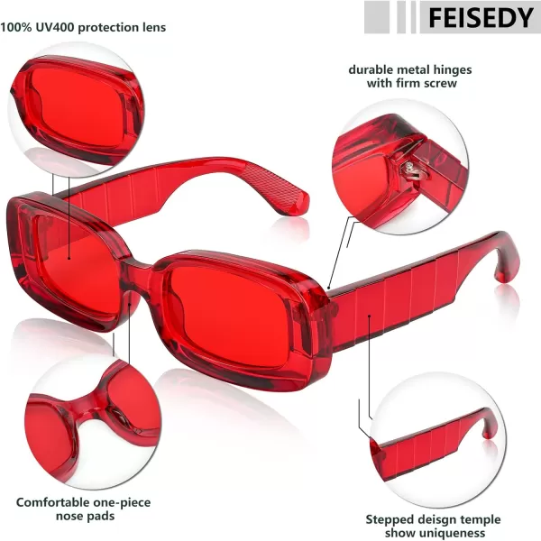 FEISEDY Retro Thick Rectangle Sunglasses Retro 90s Small Chunky Square Women Men B2307Red
