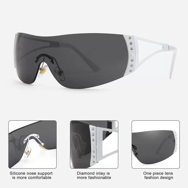 FEISEDY Rimless Y2K Sunglasses for Women Men Fashion Futuristic Wrap Around Oversized Trendy Shield B9073Gradient Black