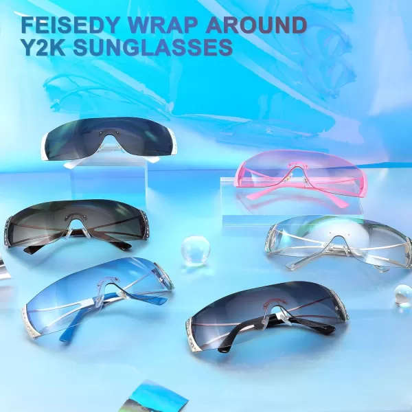 FEISEDY Rimless Y2K Sunglasses for Women Men Fashion Futuristic Wrap Around Oversized Trendy Shield B9073Gradient Black