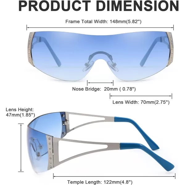 FEISEDY Rimless Y2K Sunglasses for Women Men Fashion Futuristic Wrap Around Oversized Trendy Shield B9073Gradient Blue