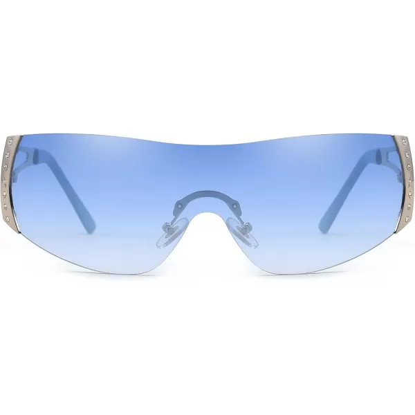 FEISEDY Rimless Y2K Sunglasses for Women Men Fashion Futuristic Wrap Around Oversized Trendy Shield B9073Gradient Blue