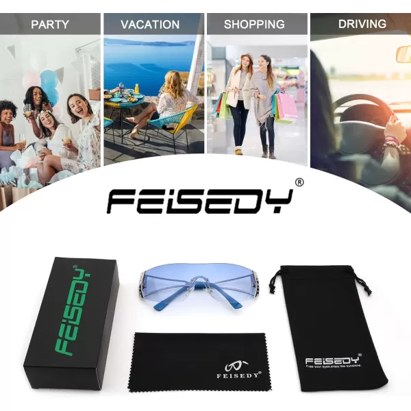 FEISEDY Rimless Y2K Sunglasses for Women Men Fashion Futuristic Wrap Around Oversized Trendy Shield B9073Gradient Blue