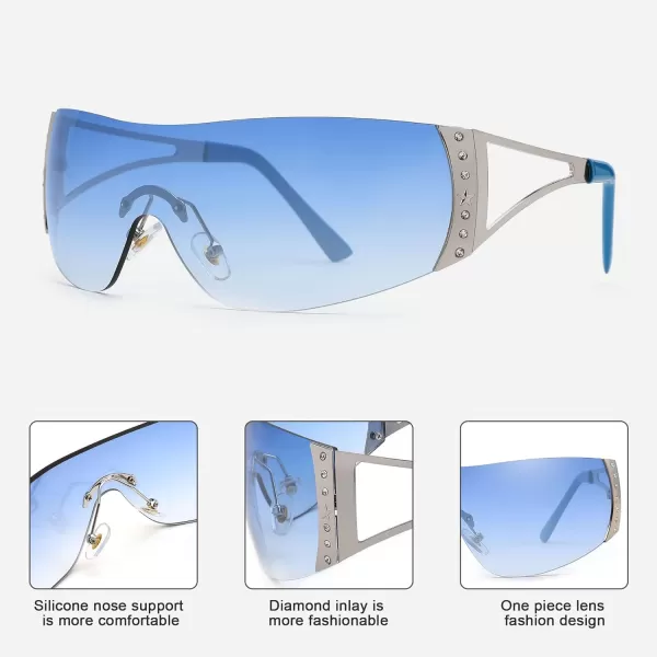 FEISEDY Rimless Y2K Sunglasses for Women Men Fashion Futuristic Wrap Around Oversized Trendy Shield B9073Gradient Blue