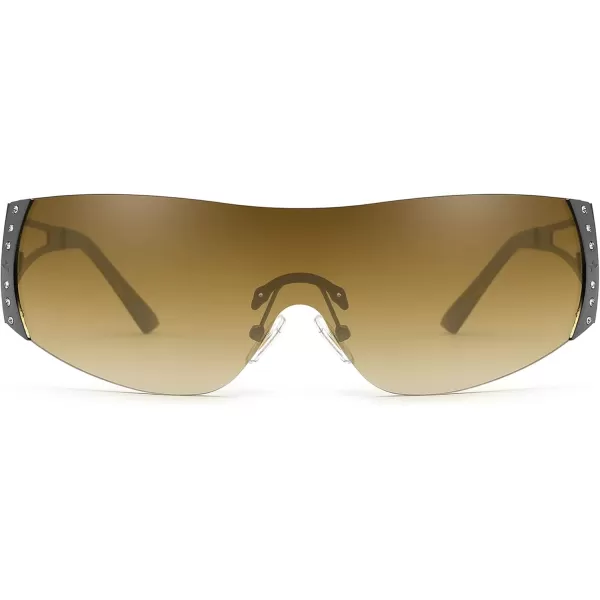 FEISEDY Rimless Y2K Sunglasses for Women Men Fashion Futuristic Wrap Around Oversized Trendy Shield B9073Gradient Brown