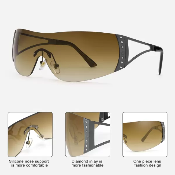 FEISEDY Rimless Y2K Sunglasses for Women Men Fashion Futuristic Wrap Around Oversized Trendy Shield B9073Gradient Brown