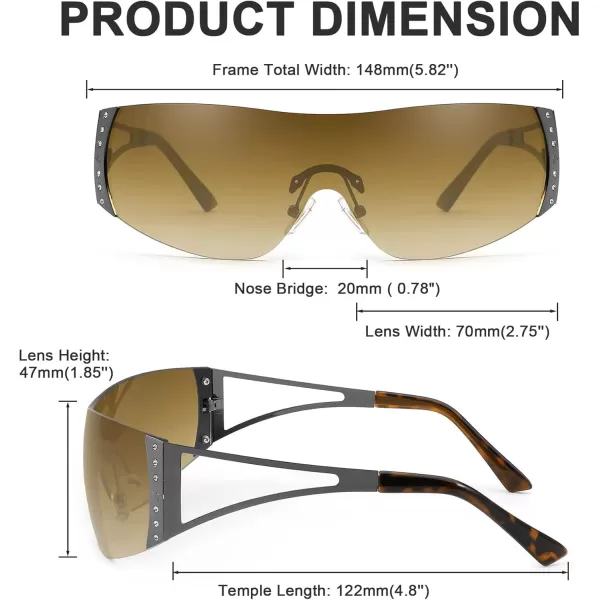 FEISEDY Rimless Y2K Sunglasses for Women Men Fashion Futuristic Wrap Around Oversized Trendy Shield B9073Gradient Brown