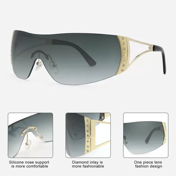 FEISEDY Rimless Y2K Sunglasses for Women Men Fashion Futuristic Wrap Around Oversized Trendy Shield B9073Gradient Grey