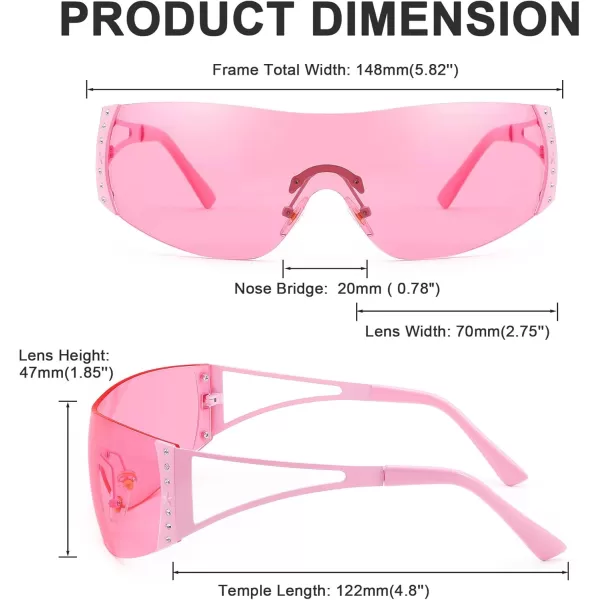 FEISEDY Rimless Y2K Sunglasses for Women Men Fashion Futuristic Wrap Around Oversized Trendy Shield B9073Pink