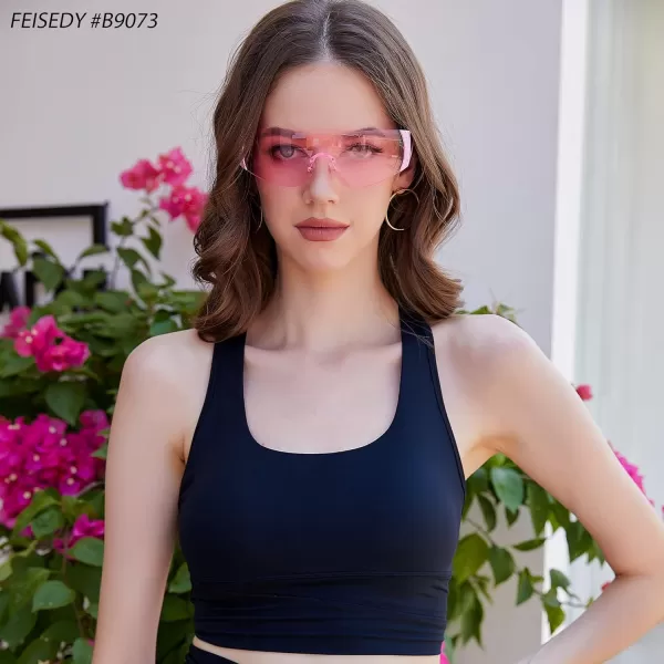 FEISEDY Rimless Y2K Sunglasses for Women Men Fashion Futuristic Wrap Around Oversized Trendy Shield B9073Pink
