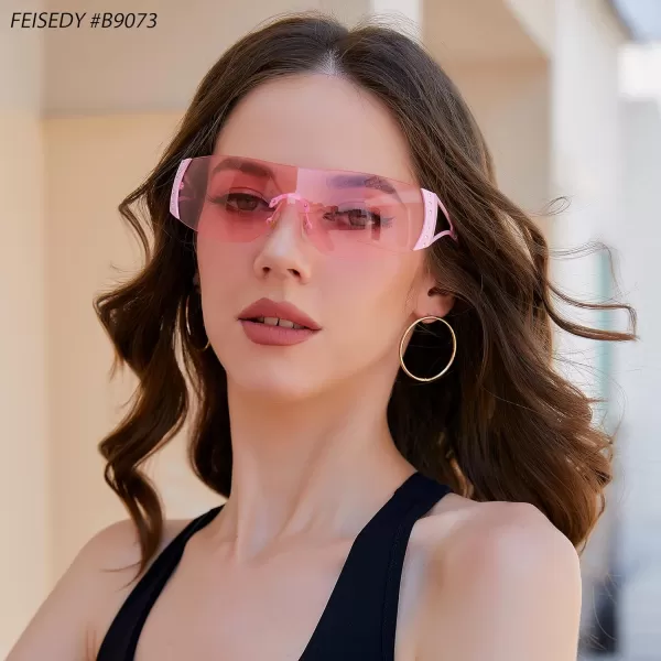 FEISEDY Rimless Y2K Sunglasses for Women Men Fashion Futuristic Wrap Around Oversized Trendy Shield B9073Pink