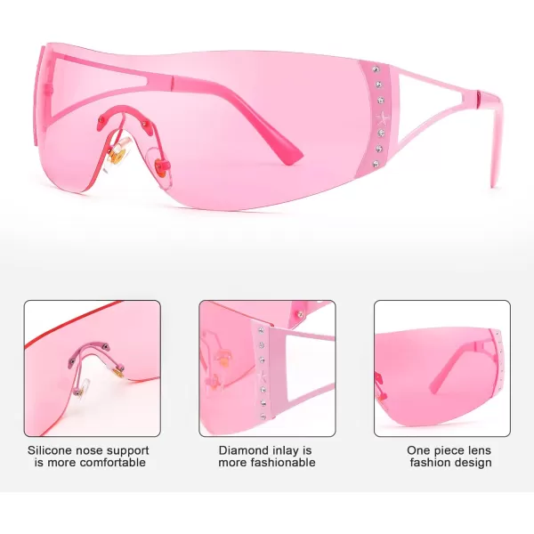 FEISEDY Rimless Y2K Sunglasses for Women Men Fashion Futuristic Wrap Around Oversized Trendy Shield B9073Pink