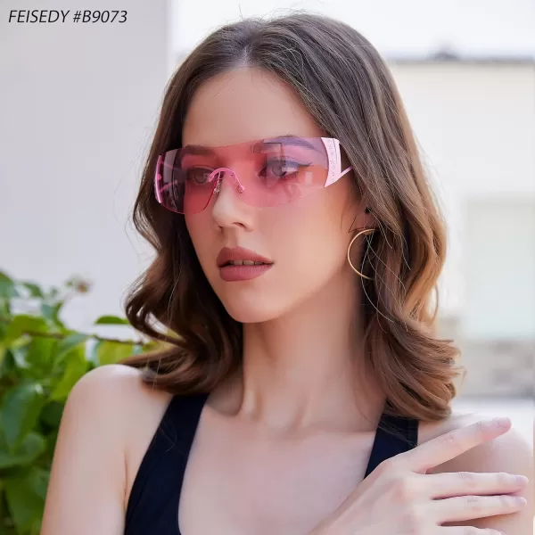 FEISEDY Rimless Y2K Sunglasses for Women Men Fashion Futuristic Wrap Around Oversized Trendy Shield B9073Pink