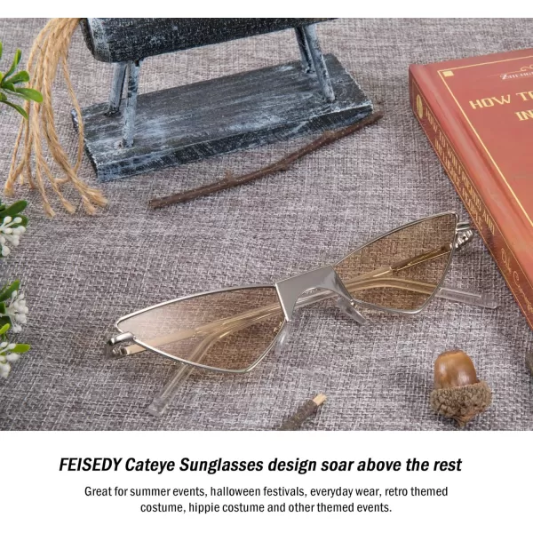 FEISEDY Small Cat Eye Sunglasses Women PUNK Party Metal ROCK Candy Color Glasses B2721Light Brown