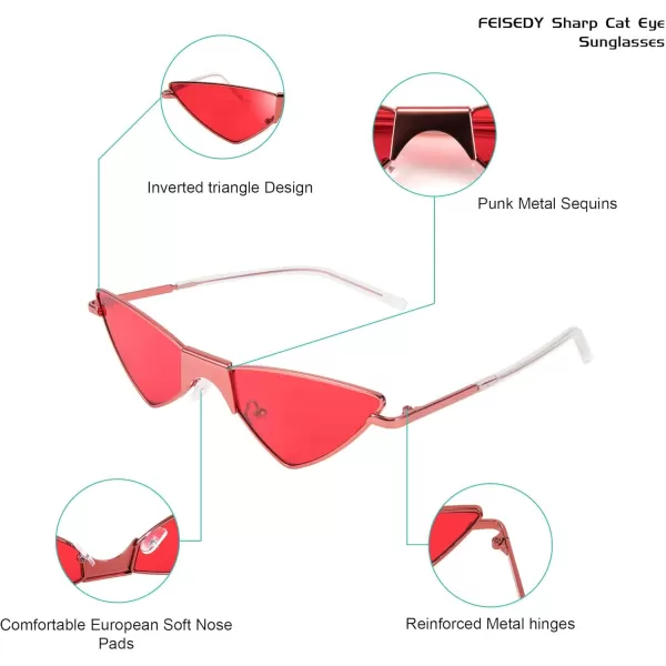 FEISEDY Small Cat Eye Sunglasses Women PUNK Party Metal ROCK Candy Color Glasses B2721Red
