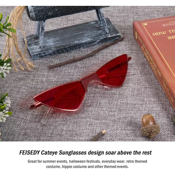 FEISEDY Small Cat Eye Sunglasses Women PUNK Party Metal ROCK Candy Color Glasses B2721Red