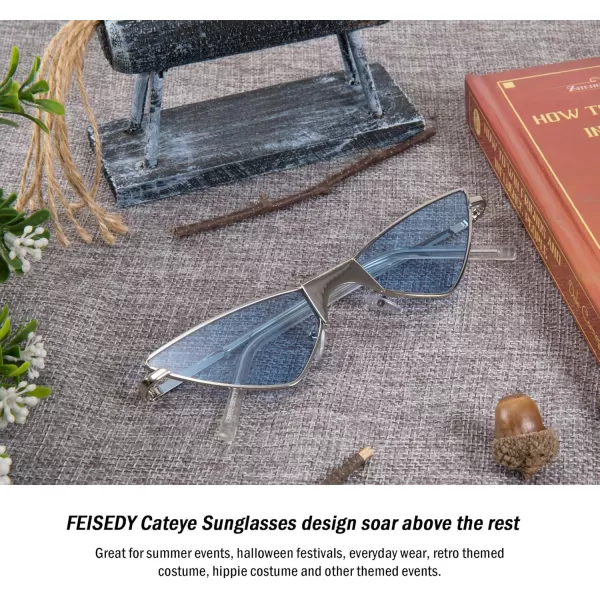 FEISEDY Small Cat Eye Sunglasses Women PUNK Party Metal ROCK Candy Color Glasses B2721Sky Blue