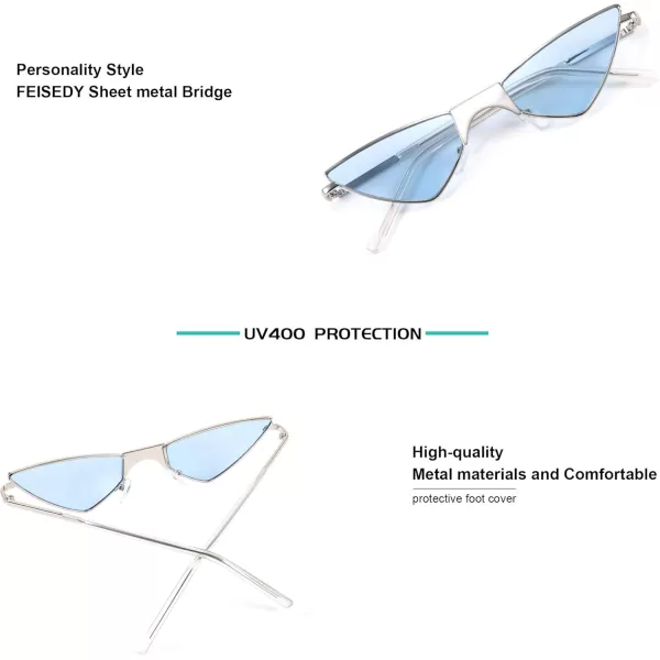 FEISEDY Small Cat Eye Sunglasses Women PUNK Party Metal ROCK Candy Color Glasses B2721Sky Blue