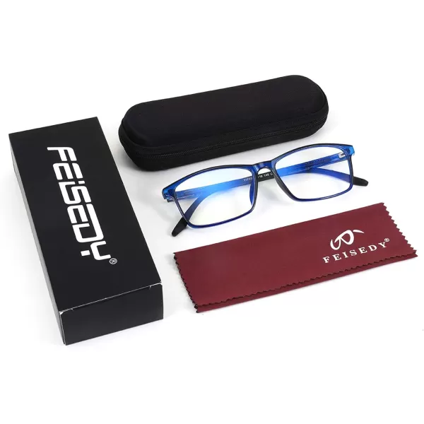 FEISEDY Square Men TR90 Frame Blue Light Blocking Reading Glasses TR90 Rectangle Men Anti Blue Light Computer Reader B9026Crystal Blue