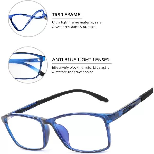 FEISEDY Square Men TR90 Frame Blue Light Blocking Reading Glasses TR90 Rectangle Men Anti Blue Light Computer Reader B9026Crystal Blue