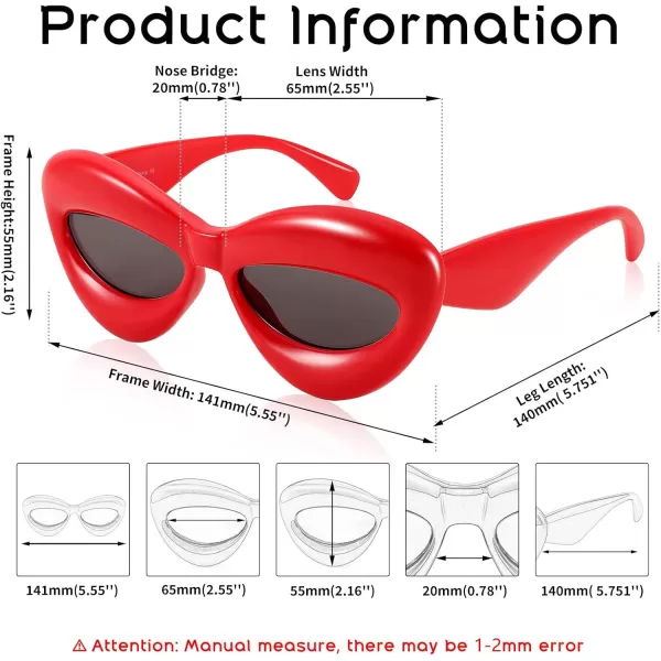 FEISEDY Sunglasses Womens Inflated Fun Lip Shape Sun Glasses Men Cat Eye Thick Frame for Festival Party B4126Red