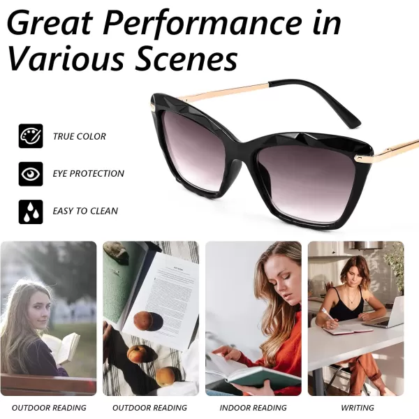 FEISEDY Vintage Cat Eye Reading Sunglasses Full Lens Women Sun Reader Glasses Spring Hinges B2896Black