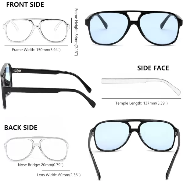 FEISEDY Vintage Retro 70s Plastic Aviator Sunglasses Women Men Classic Large Squared Frame B2751Black Frame  Blue Lens