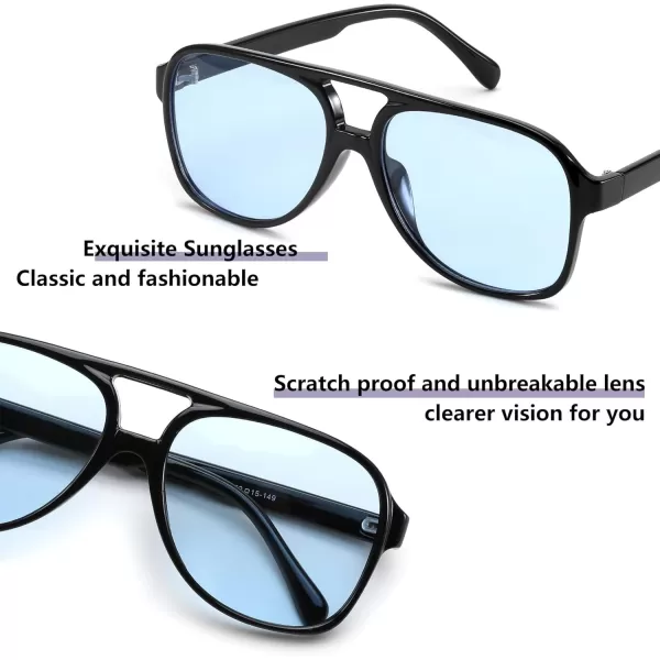 FEISEDY Vintage Retro 70s Plastic Aviator Sunglasses Women Men Classic Large Squared Frame B2751Black Frame  Blue Lens