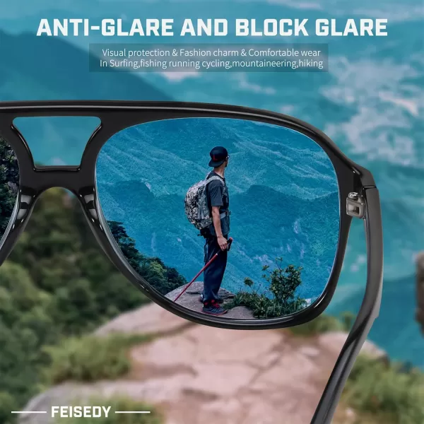 FEISEDY Vintage Retro 70s Plastic Aviator Sunglasses Women Men Classic Large Squared Frame B2751Black Frame  Blue Lens