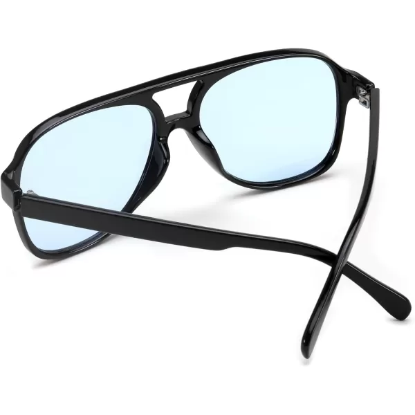 FEISEDY Vintage Retro 70s Plastic Aviator Sunglasses Women Men Classic Large Squared Frame B2751Black Frame  Blue Lens