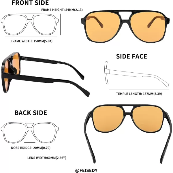 FEISEDY Vintage Retro 70s Plastic Aviator Sunglasses Women Men Classic Large Squared Frame B2751Blackyellow Trendy Orange