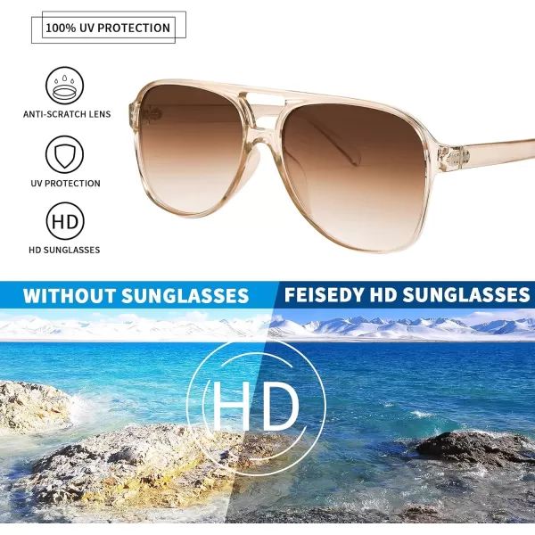 FEISEDY Vintage Retro 70s Plastic Aviator Sunglasses Women Men Classic Large Squared Frame B2751Champagne