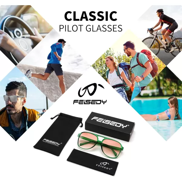 FEISEDY Vintage Retro 70s Plastic Aviator Sunglasses Women Men Classic Large Squared Frame B2751Green Frame  Gradient Red Lens