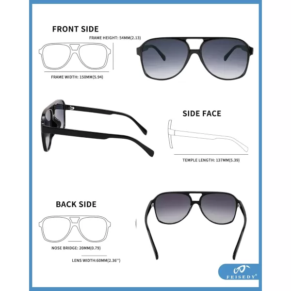 FEISEDY Vintage Retro 70s Plastic Aviator Sunglasses Women Men Classic Large Squared Frame B2751Polarized Black Frame