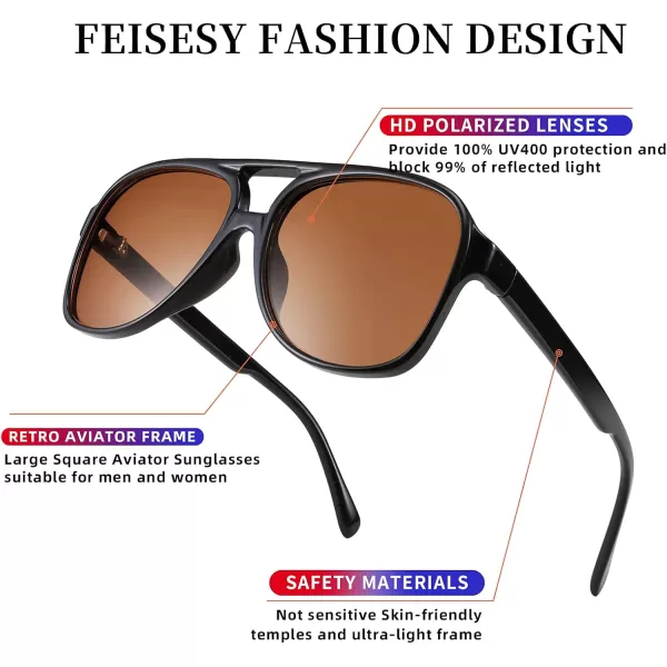 FEISEDY Vintage Retro 70s Plastic Aviator Sunglasses Women Men Classic Large Squared Frame B2751Polarized Black Frame Brown Lens