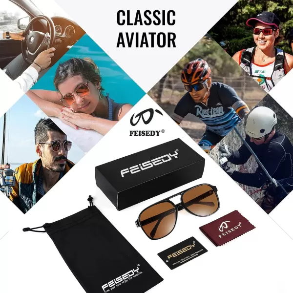 FEISEDY Vintage Retro 70s Plastic Aviator Sunglasses Women Men Classic Large Squared Frame B2751Polarized Black Frame Brown Lens