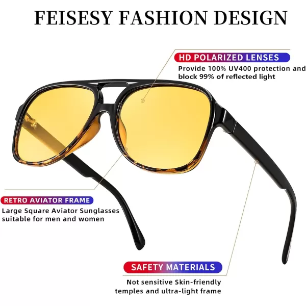 FEISEDY Vintage Retro 70s Plastic Aviator Sunglasses Women Men Classic Large Squared Frame B2751Polarized Black Leopard  Yellow Lens
