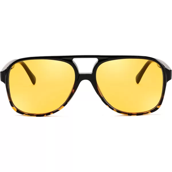 FEISEDY Vintage Retro 70s Plastic Aviator Sunglasses Women Men Classic Large Squared Frame B2751Polarized Black Leopard  Yellow Lens