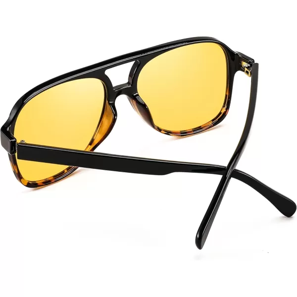 FEISEDY Vintage Retro 70s Plastic Aviator Sunglasses Women Men Classic Large Squared Frame B2751Polarized Black Leopard  Yellow Lens