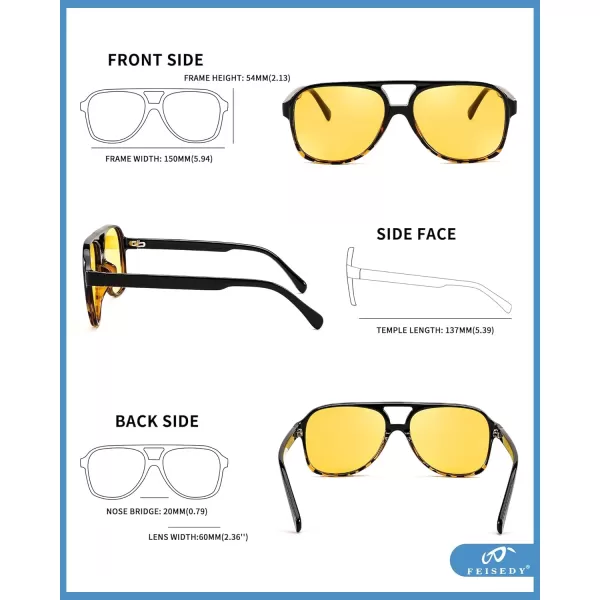 FEISEDY Vintage Retro 70s Plastic Aviator Sunglasses Women Men Classic Large Squared Frame B2751Polarized Black Leopard  Yellow Lens
