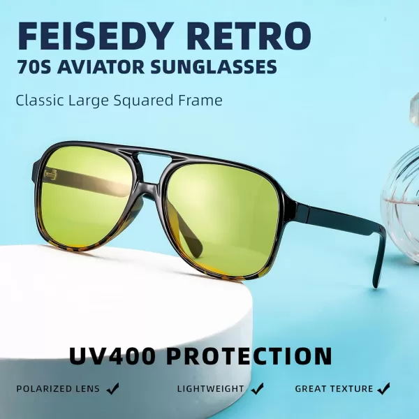 FEISEDY Vintage Retro 70s Plastic Aviator Sunglasses Women Men Classic Large Squared Frame B2751Polarized Black Leopard  Yellow Lens