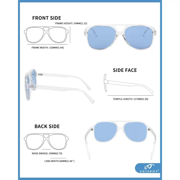 FEISEDY Vintage Retro 70s Plastic Aviator Sunglasses Women Men Classic Large Squared Frame B2751Polarized Clear Frame