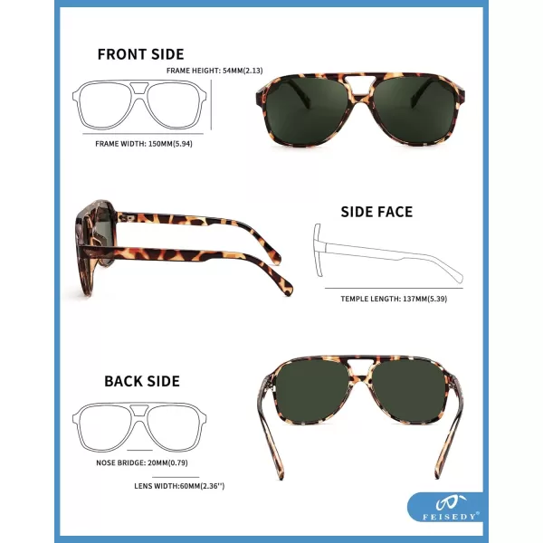 FEISEDY Vintage Retro 70s Plastic Aviator Sunglasses Women Men Classic Large Squared Frame B2751Polarized Leopard  Blackish Green Lens