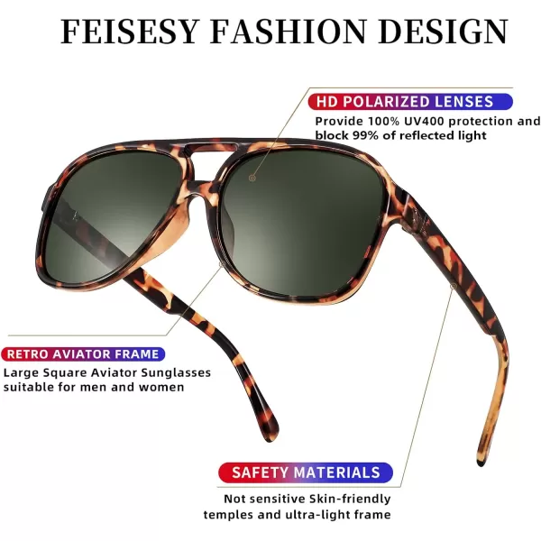 FEISEDY Vintage Retro 70s Plastic Aviator Sunglasses Women Men Classic Large Squared Frame B2751Polarized Leopard  Blackish Green Lens