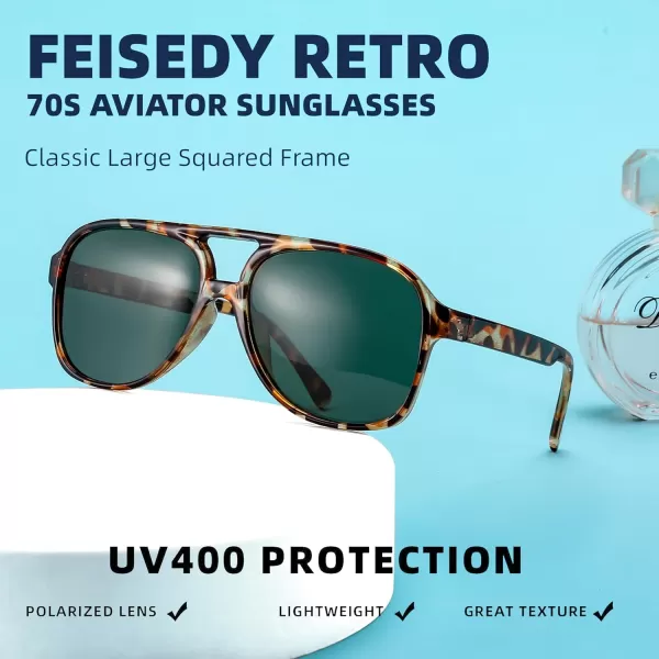 FEISEDY Vintage Retro 70s Plastic Aviator Sunglasses Women Men Classic Large Squared Frame B2751Polarized Leopard  Blackish Green Lens