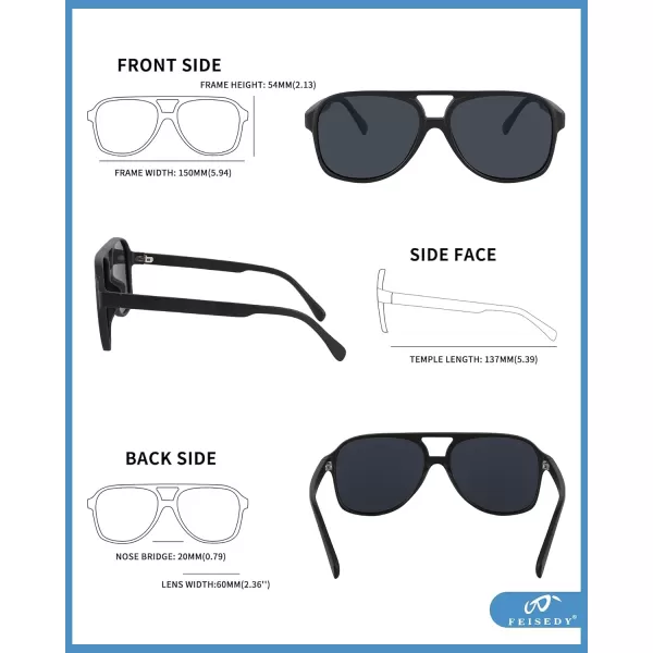 FEISEDY Vintage Retro 70s Plastic Aviator Sunglasses Women Men Classic Large Squared Frame B2751Polarized Matt Black